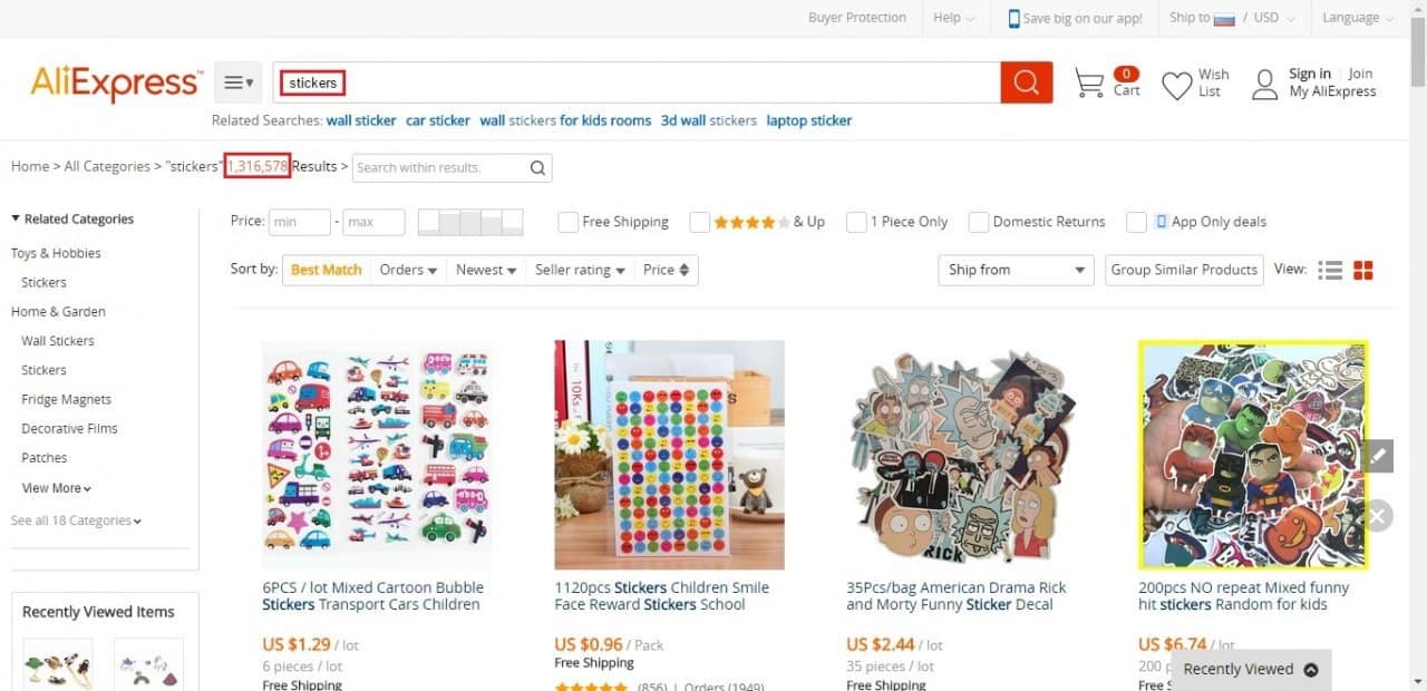 Searching for best-selling dropshipping products on AliExpress.