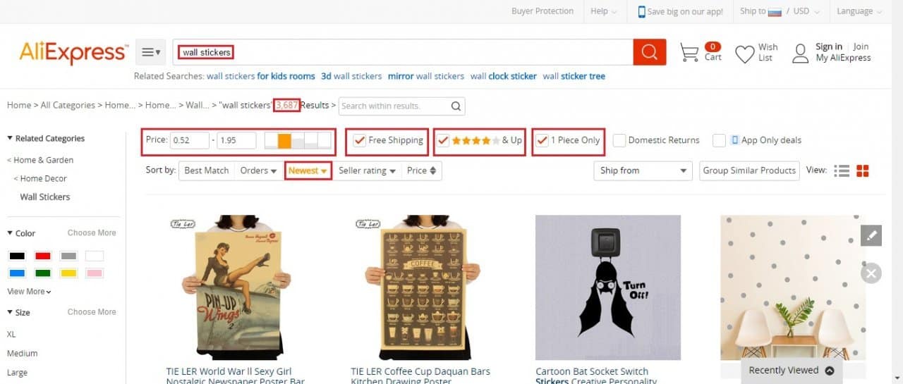 Sorting AliExpress search results by novelty.