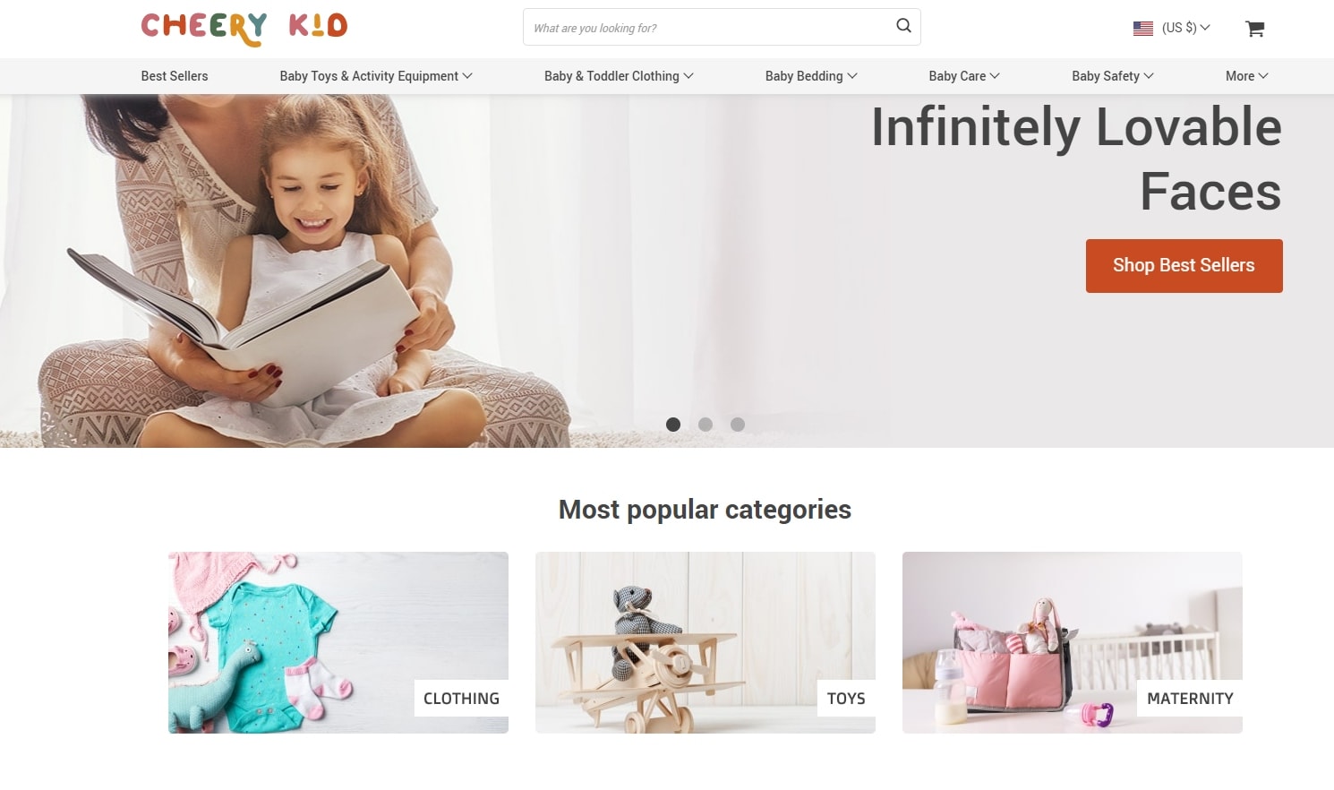 Homepage of a dropshipping store selling baby stuff