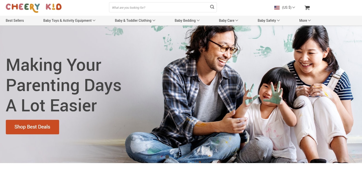 A homepage banner on a child products store depicting a happy family