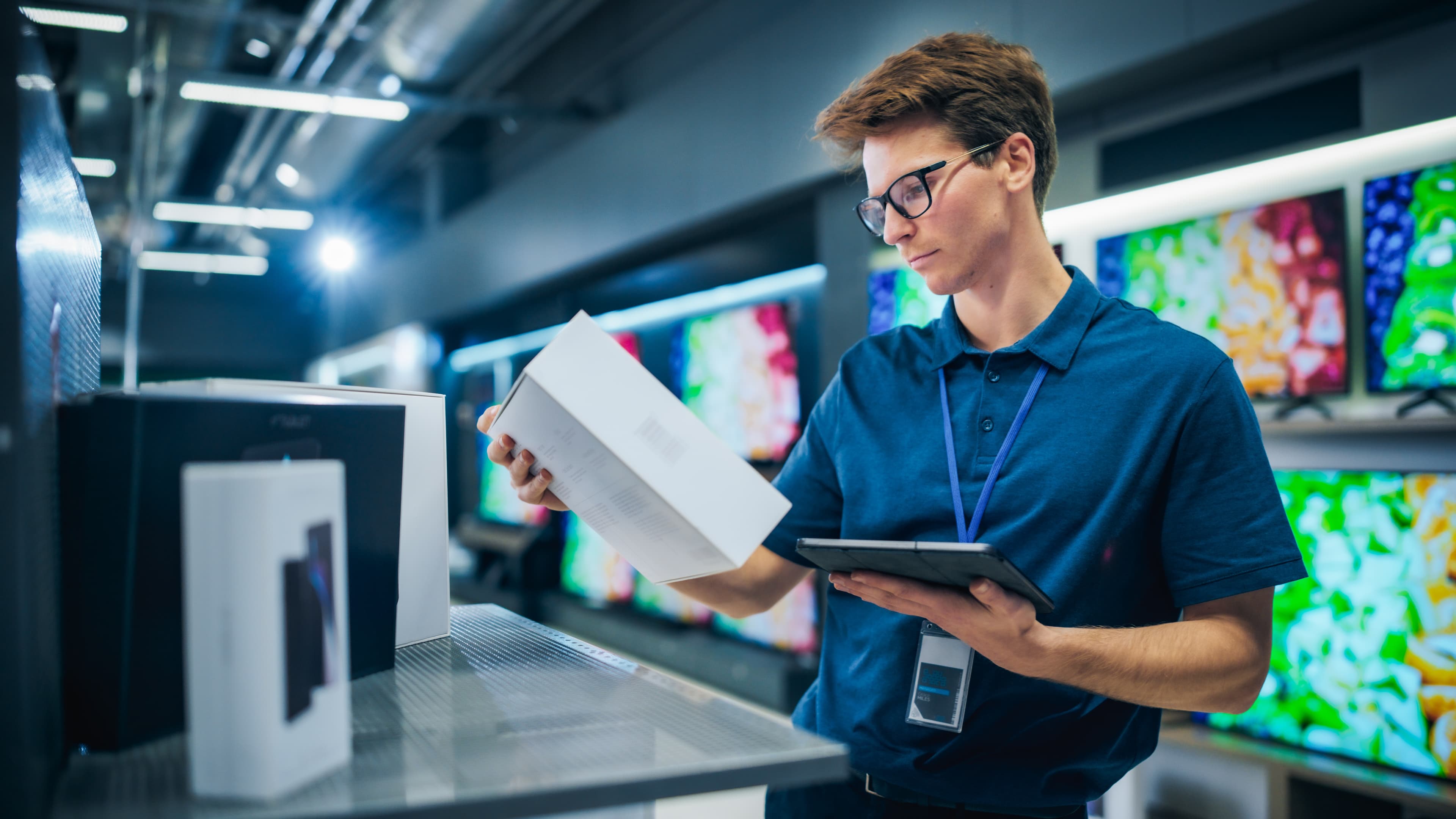 Young Sales Manager in Home Electronics Store Expertly Manages Operations Using Tablet Computer.