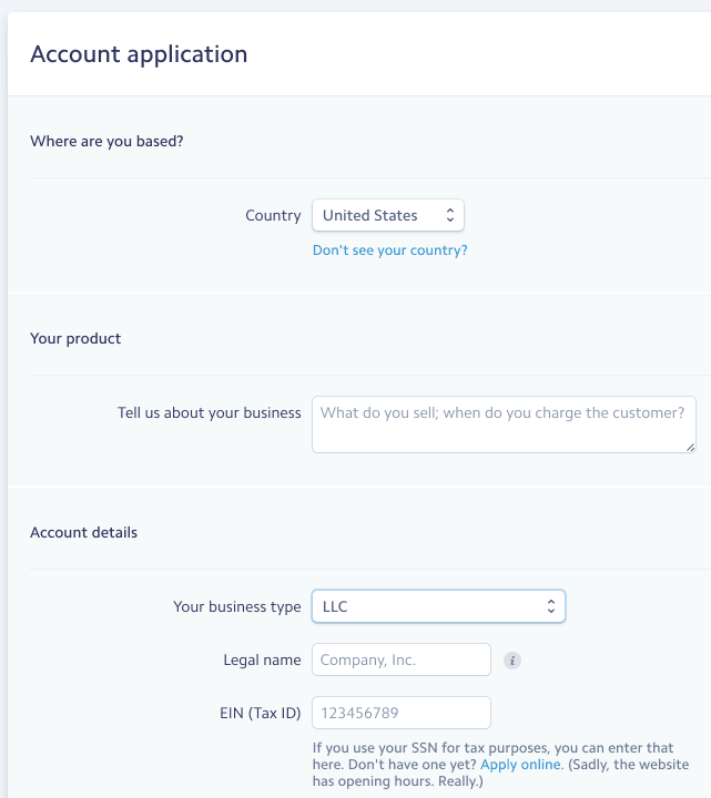 Applying for a Stripe account