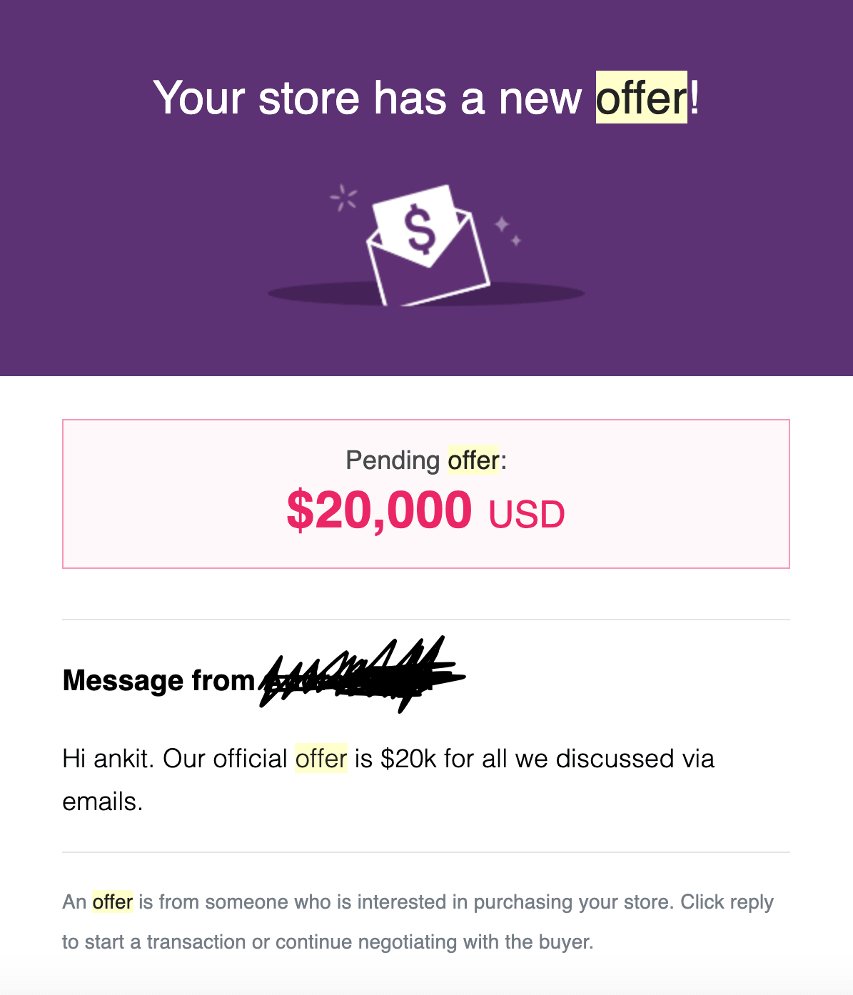 An incoming offer to buy an already functioning dropshipping store