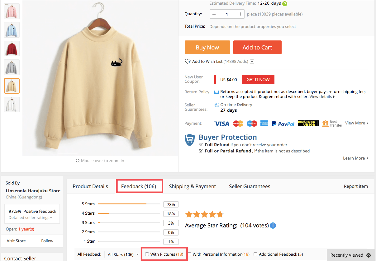 An AliExpress product page with customer feedback score